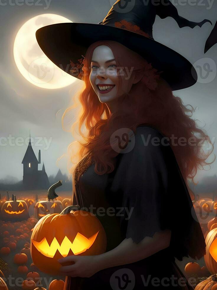 Smiling Witch Holding Pumpkin In Pumpkin Patch. Generative AI photo