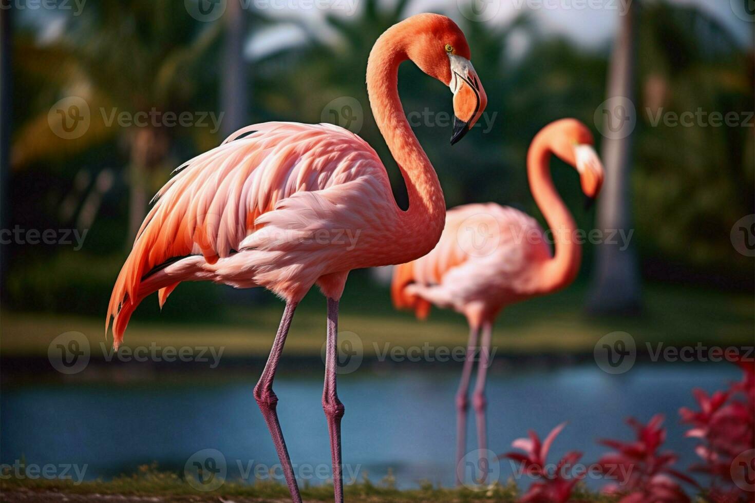 A pink flamingo with long neck strolls in exotic palms AI Generated photo