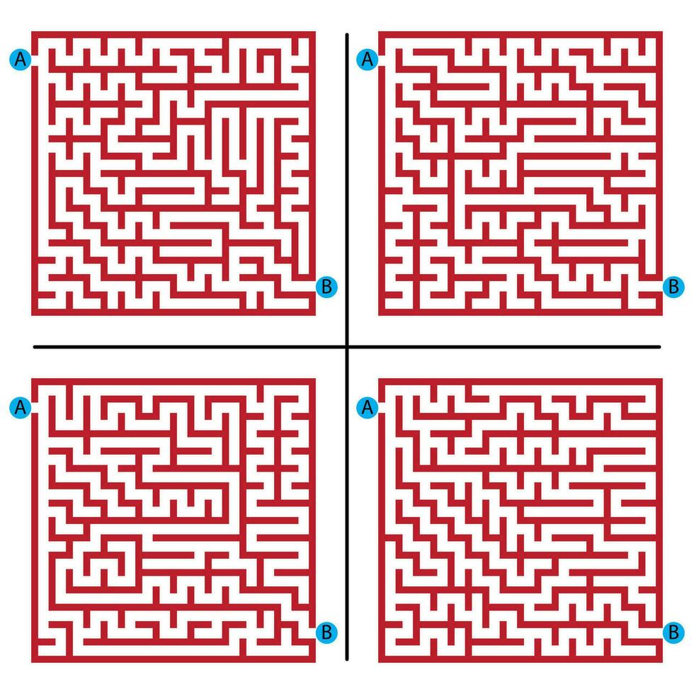 Set of square maze game puzzles,one entrance,one exit,labyrinth conundrum,flat vector illustration isolated on white background.