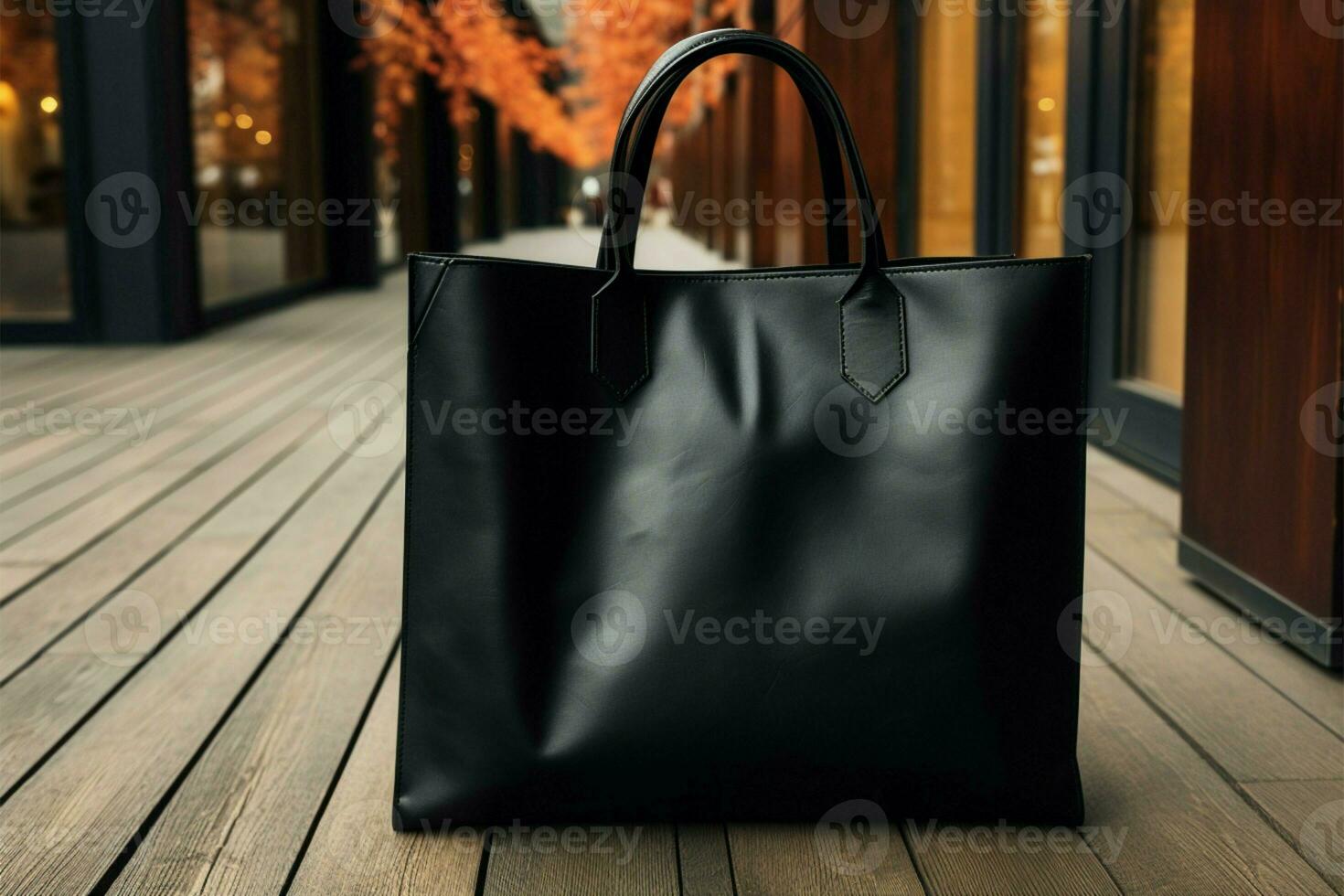 Elegant shopping concept Blank black bag, wooden wall background AI Generated photo
