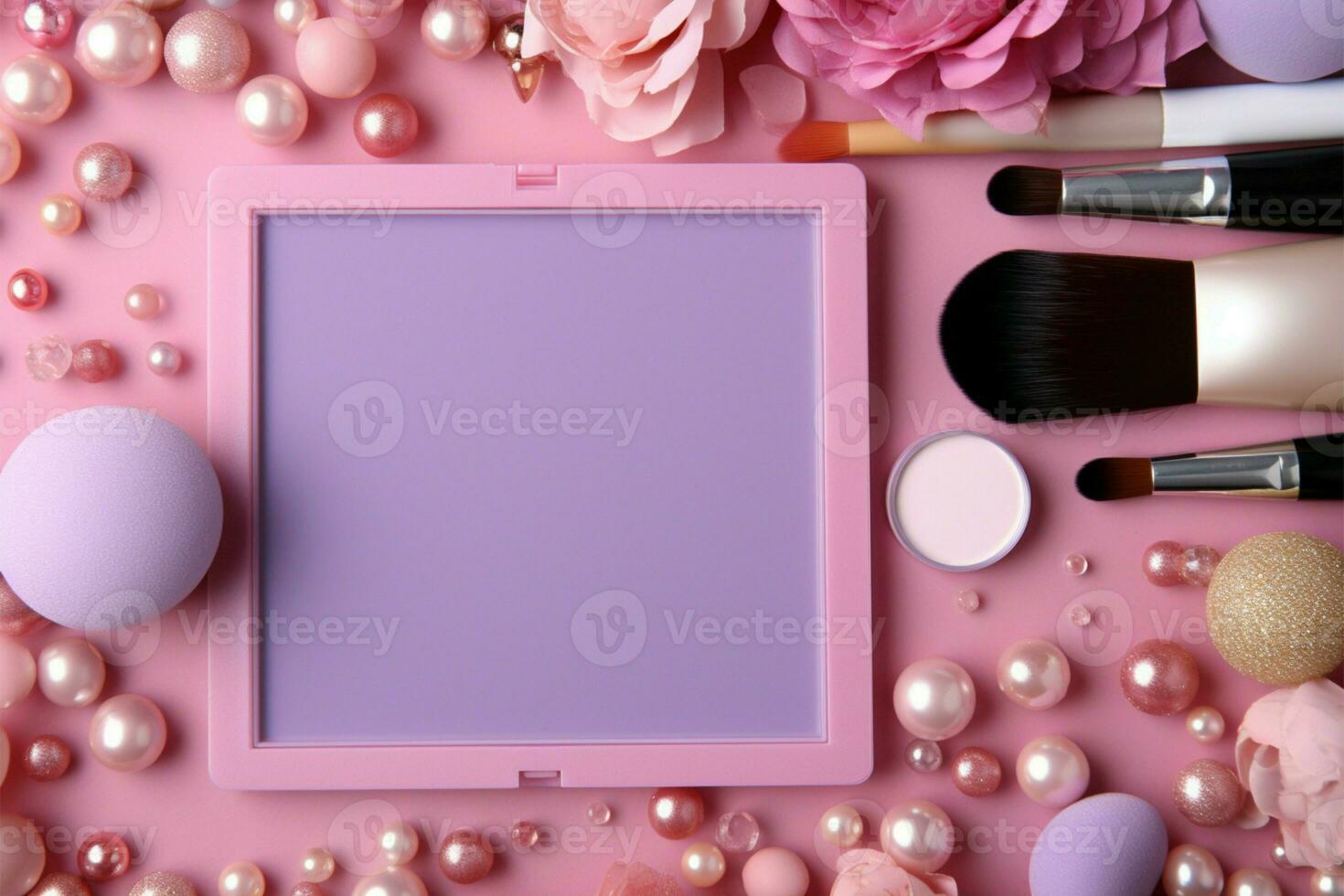 Pink space with various cosmetics, ready for custom text insertion AI Generated photo