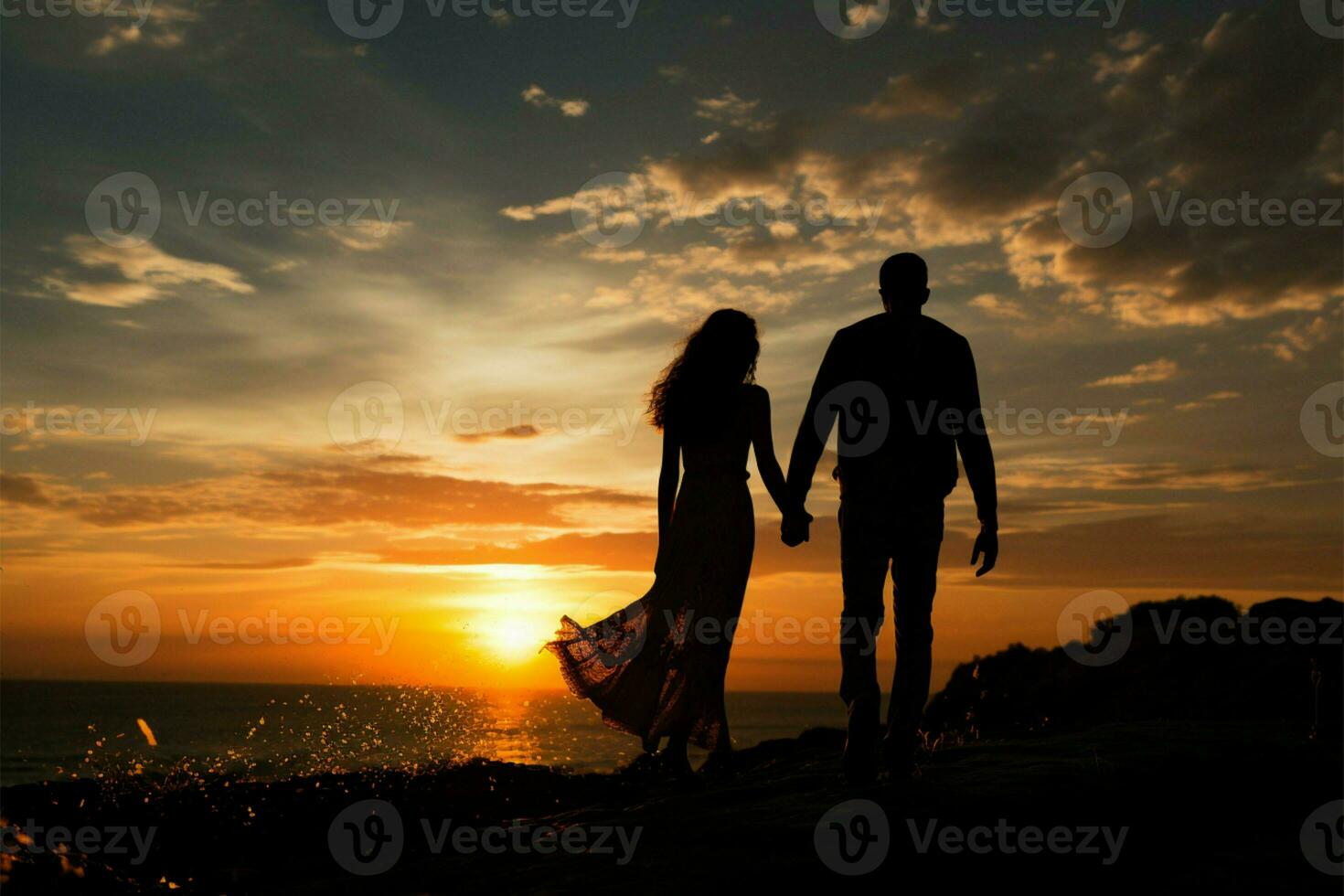 In the setting suns embrace, a couple holds hands, cherishing freedom AI Generated photo