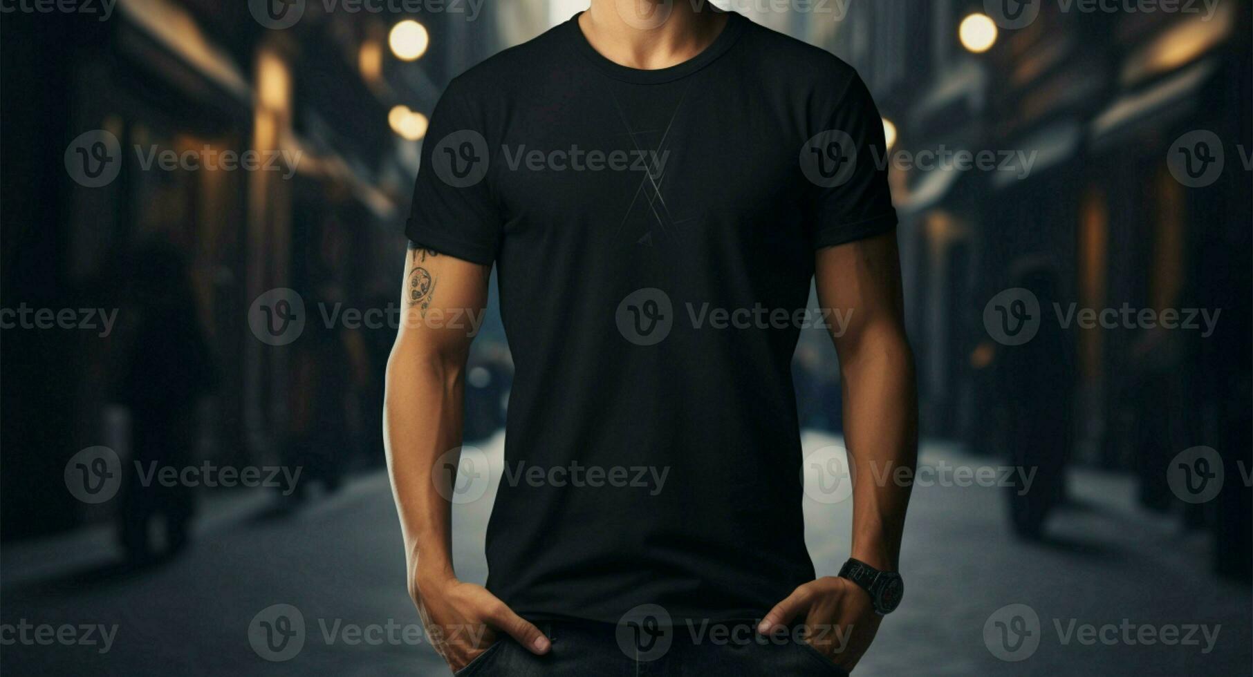 Black tee with back design showcased on a fashionable young man AI Generated photo