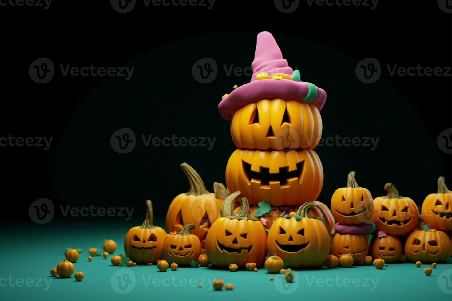 Playful 3D rendered Happy Halloween scene with jack o lantern pumpkins and colorful candies AI Generated photo