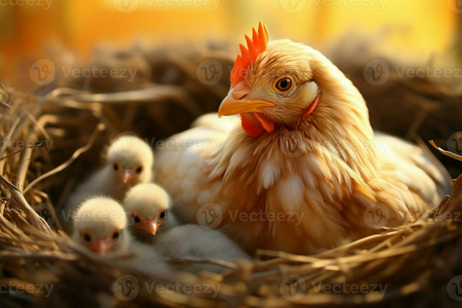 un ligero rojo peludo madre pollo tiernamente se preocupa para su mullido polluelos en un heno nido ai generado foto