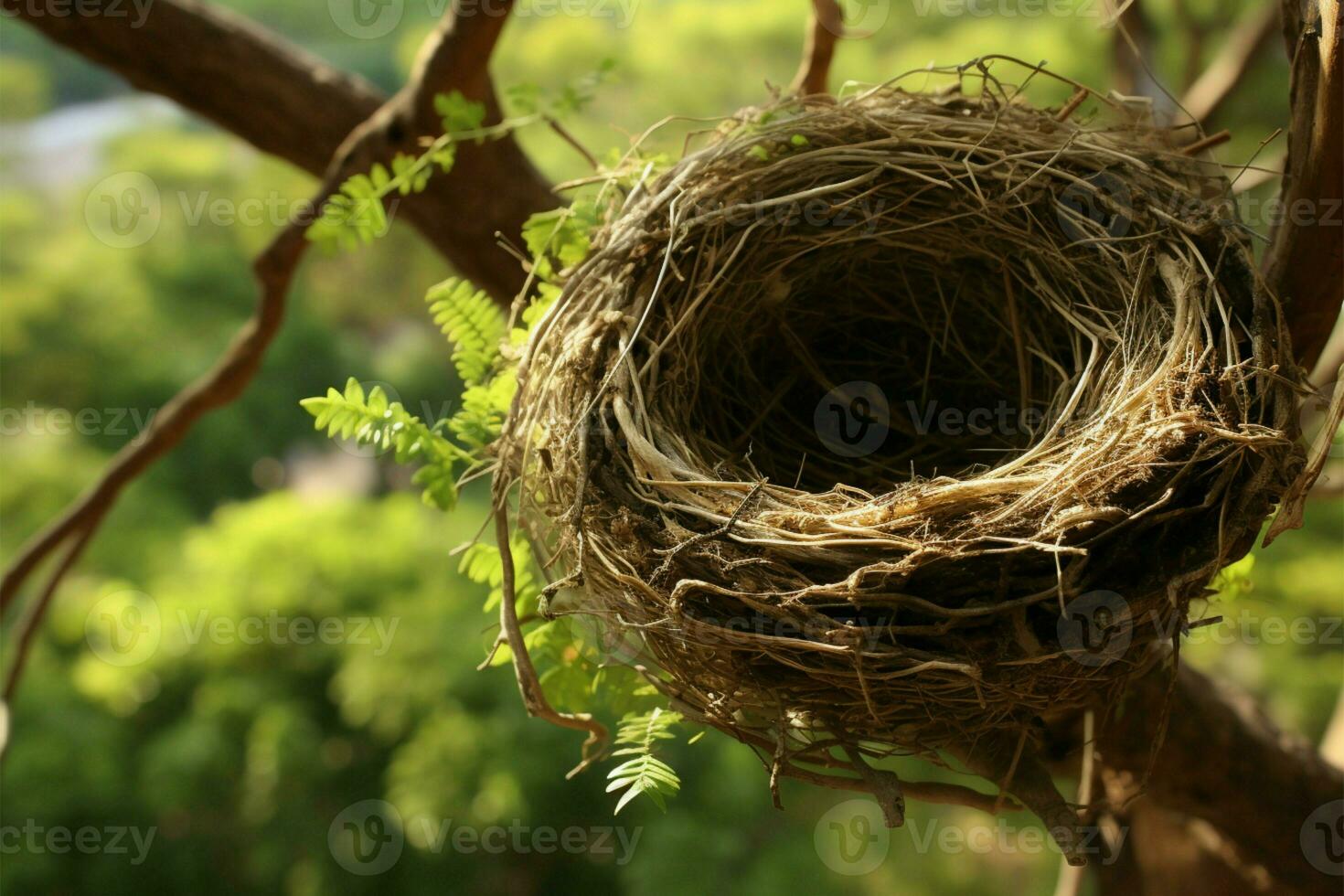 Natures artistry a birds nest cradled in the trees embrace AI Generated photo