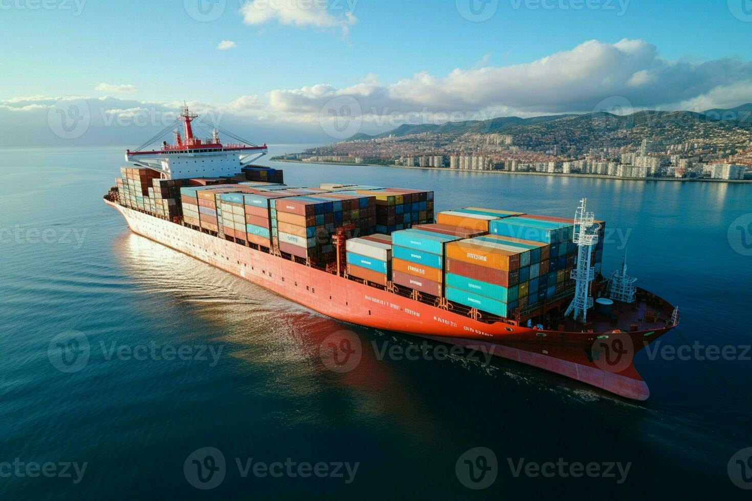 Global logistic trade portrayed by aerial container ship view on international open sea AI Generated photo