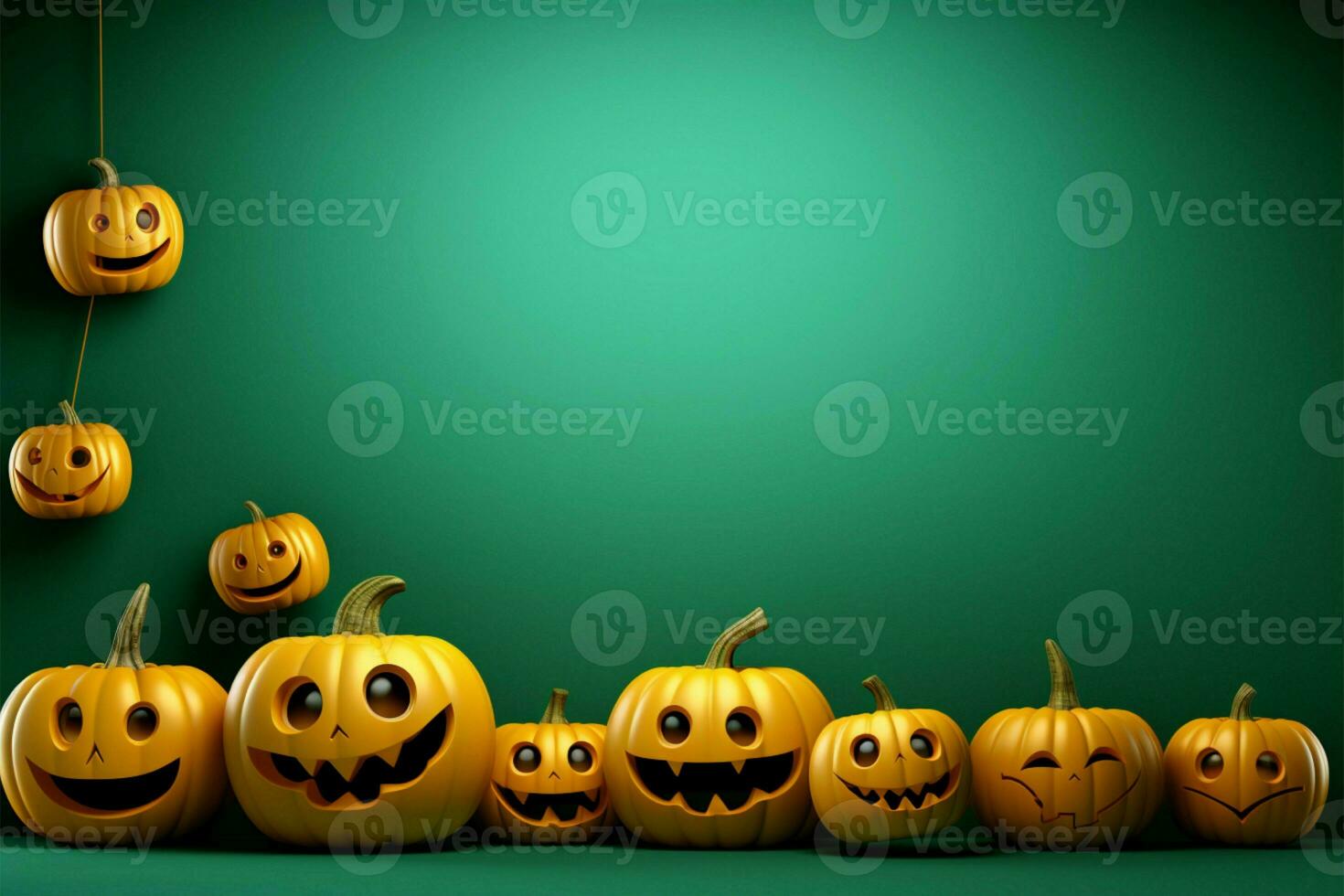 Halloween themed bubble template featuring smiling and angry pumpkin faces on green background AI Generated photo