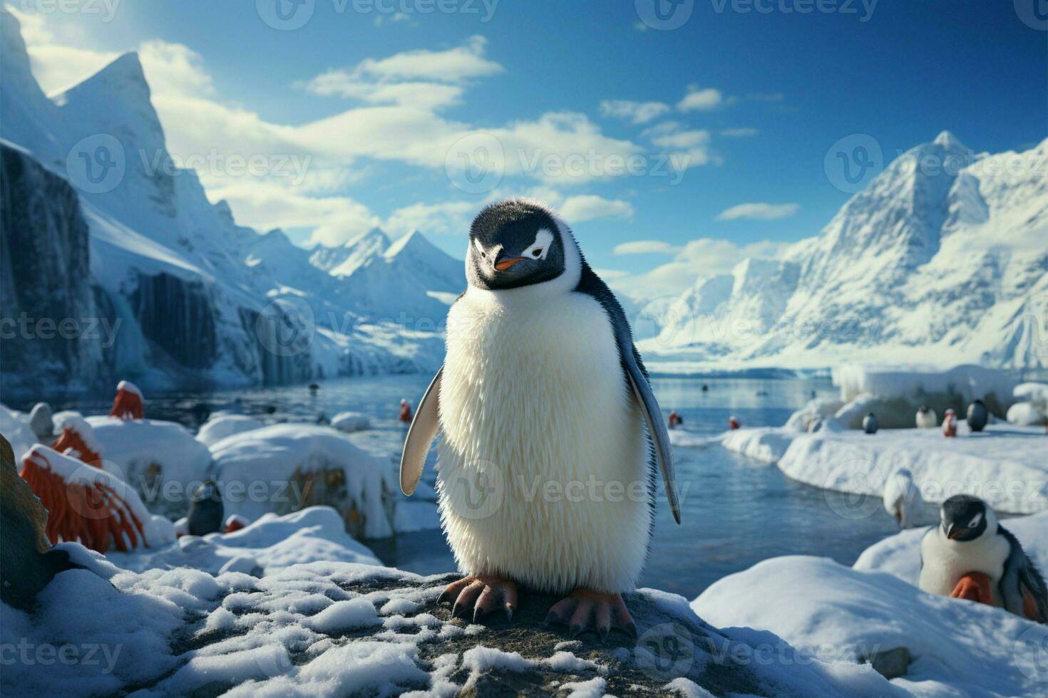 pingüino abraza glacial playa, enmarcado por colosal icebergs, en sereno aislamiento ai generado foto