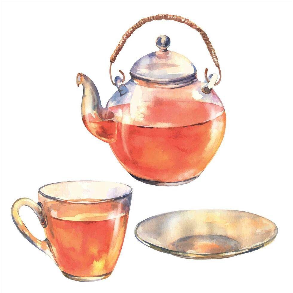 acuarela ilustración, transparente vaso tetera con negro té, vaso jarra y platillo. conjunto de platos aislado en blanco antecedentes vector