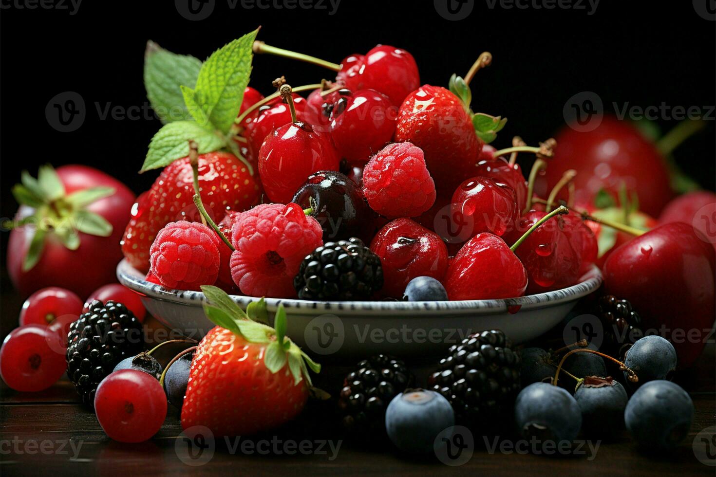 Vibrant fruit fiesta, cherries, blueberries, strawberries, pomegranate, blackberries grace wooden table AI Generated photo