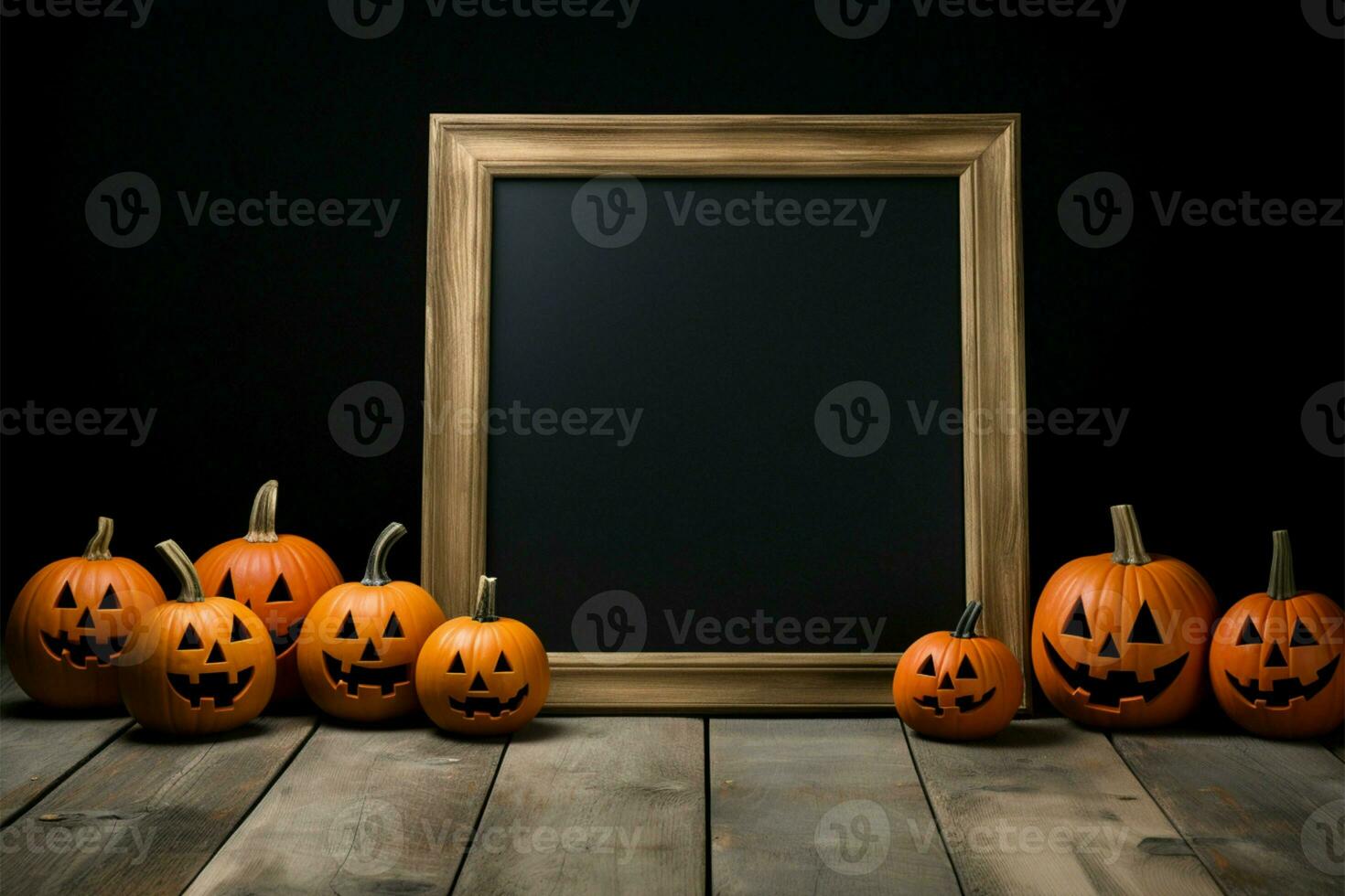 pizarra estar caracteristicas Víspera de Todos los Santos calabazas en un negro fondo, de madera piso ai generado foto