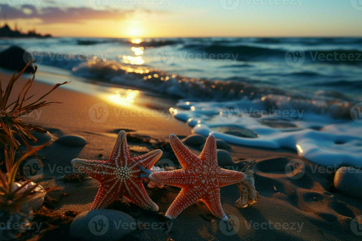 Twilights charm, pair of starfish rest upon beach, silhouette against setting sun AI Generated photo