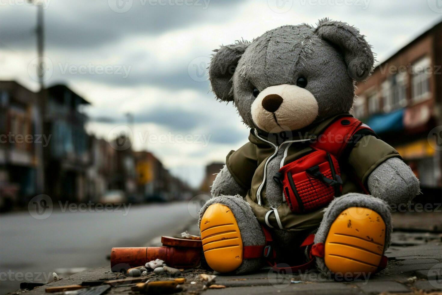 Well worn plush abandoned on street, a testament to cherished memories AI Generated photo