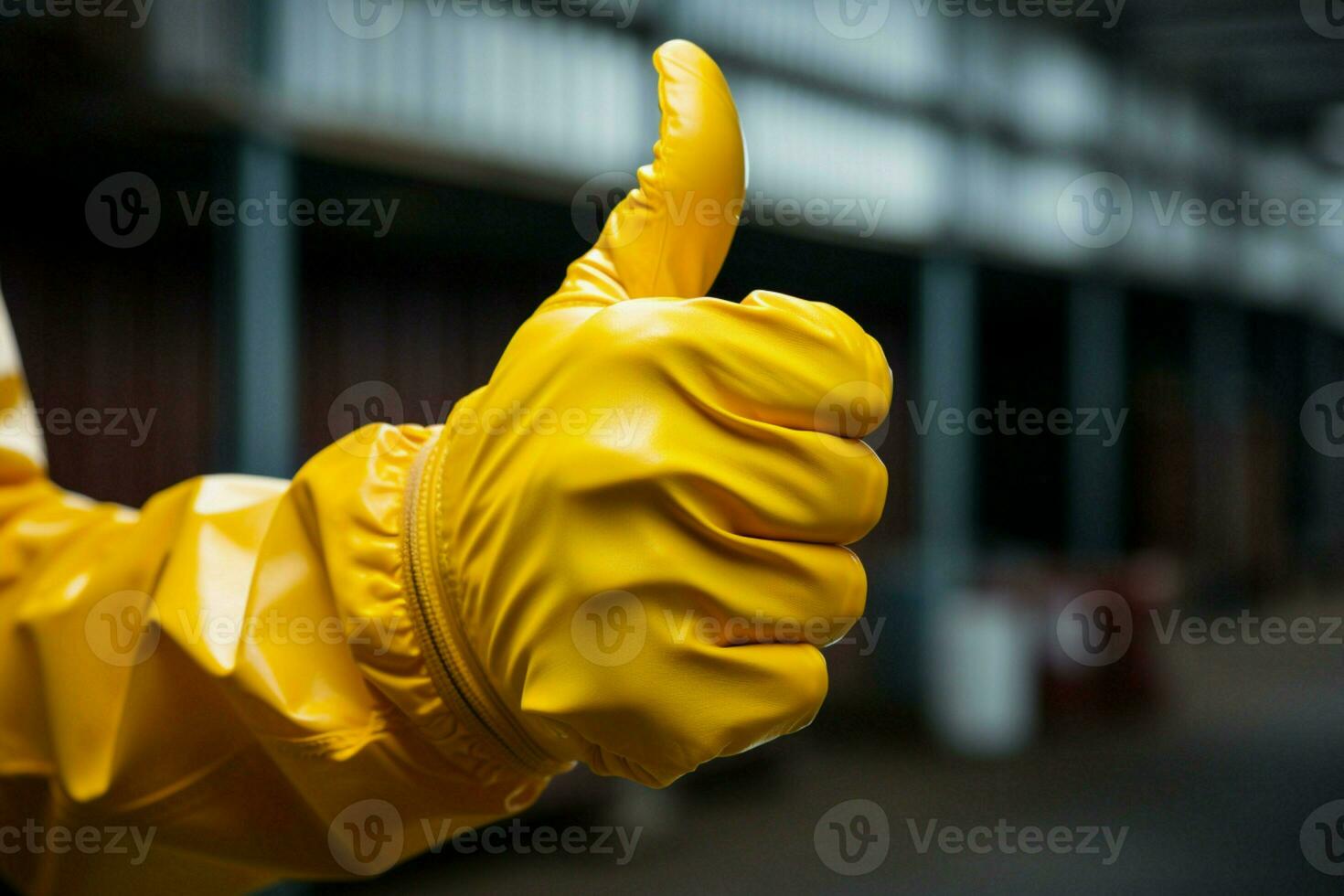 Confident assurance, Yellow gloved hand offers thumbs up, symbolizing everything will be fine AI Generated photo