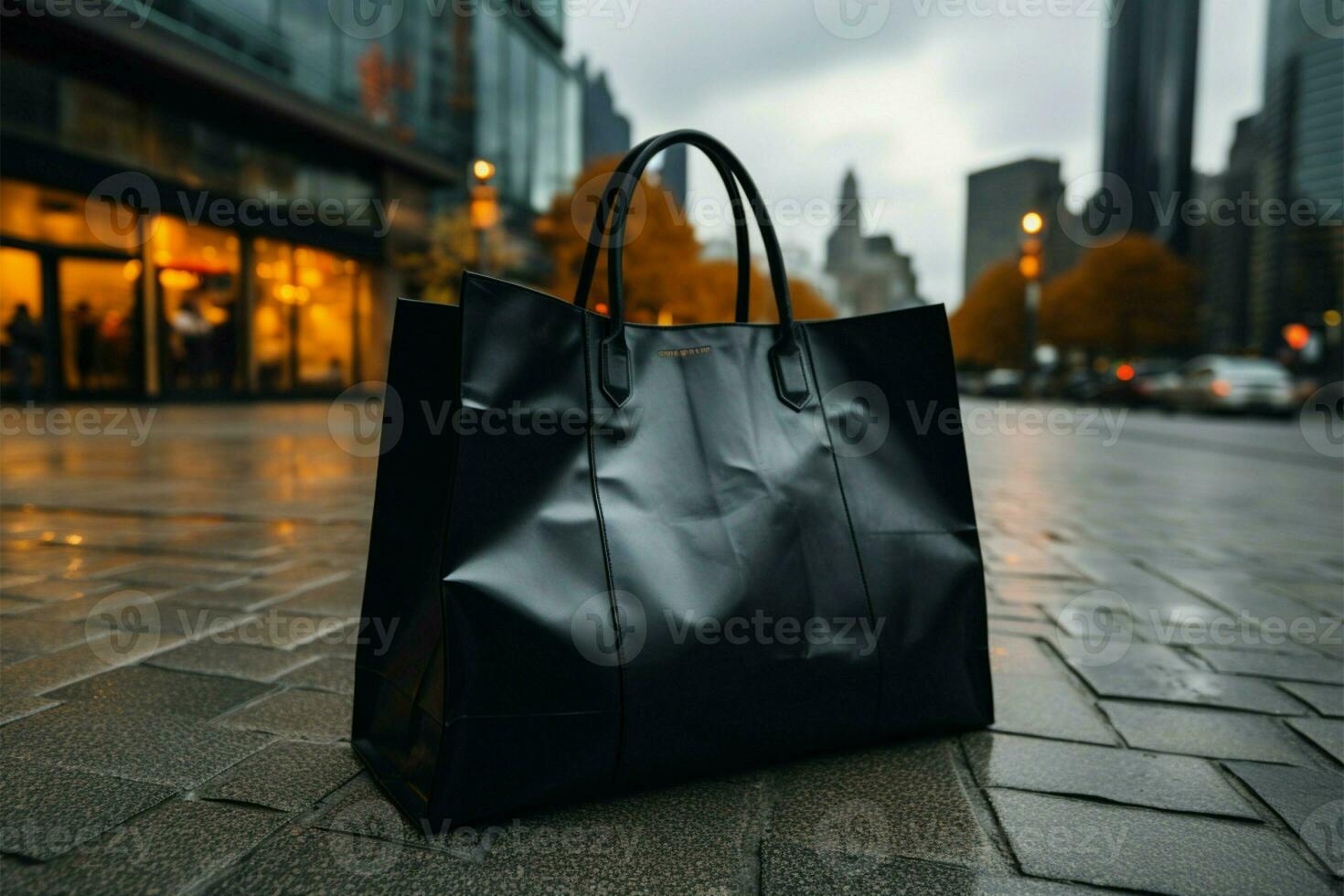 On the roadside, a black shopping bag observes urban life AI Generated photo