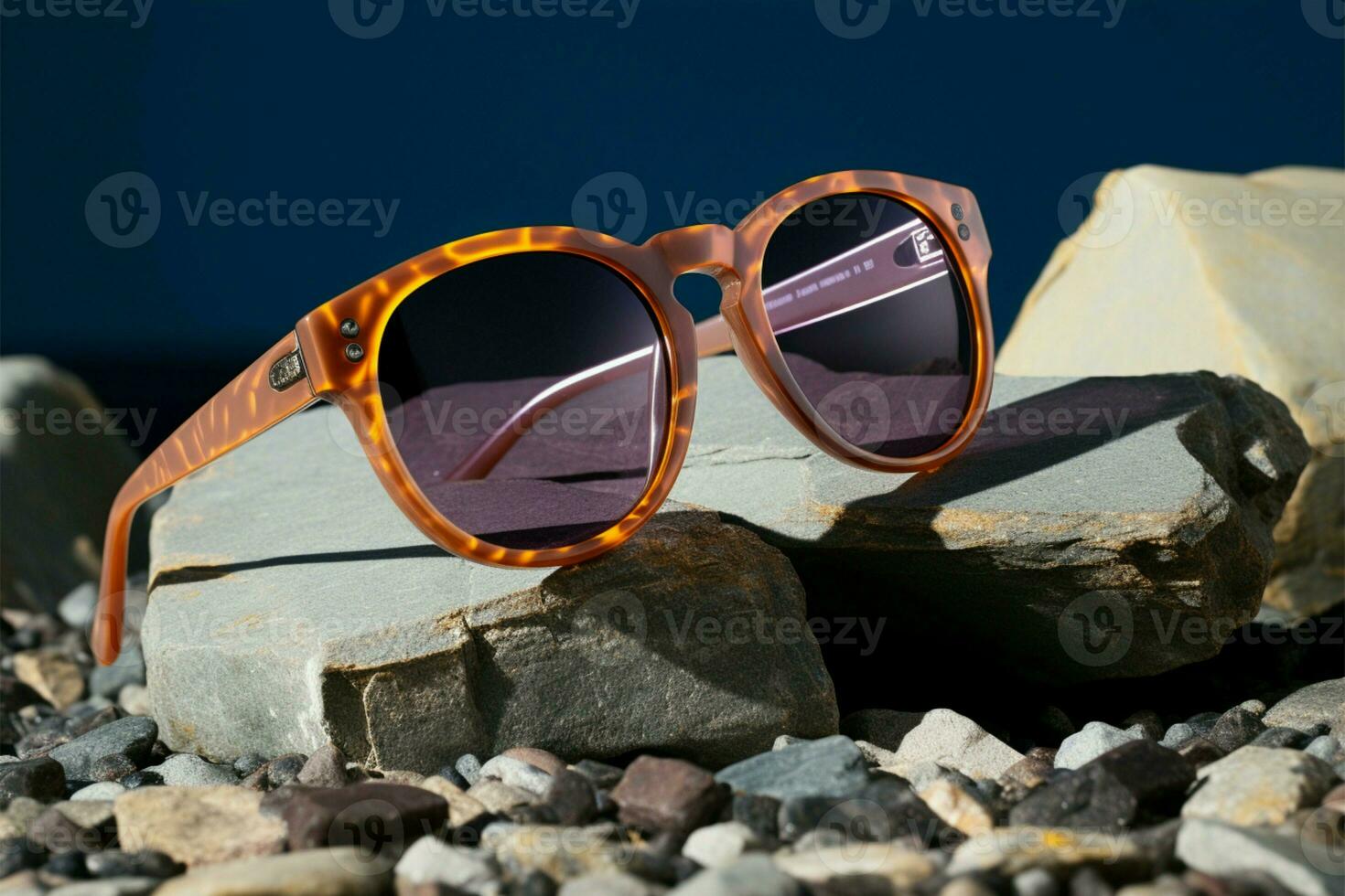 A rock provides a rustic base for a pair of sunglasses AI Generated photo