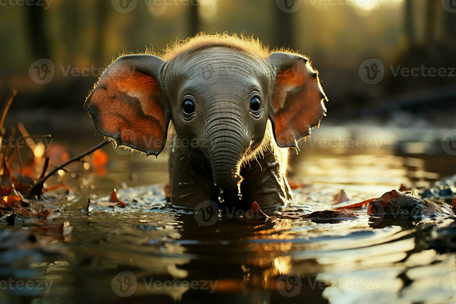 Tiny elephant revels in puddle, its adorable antics captivating all who watch AI Generated photo