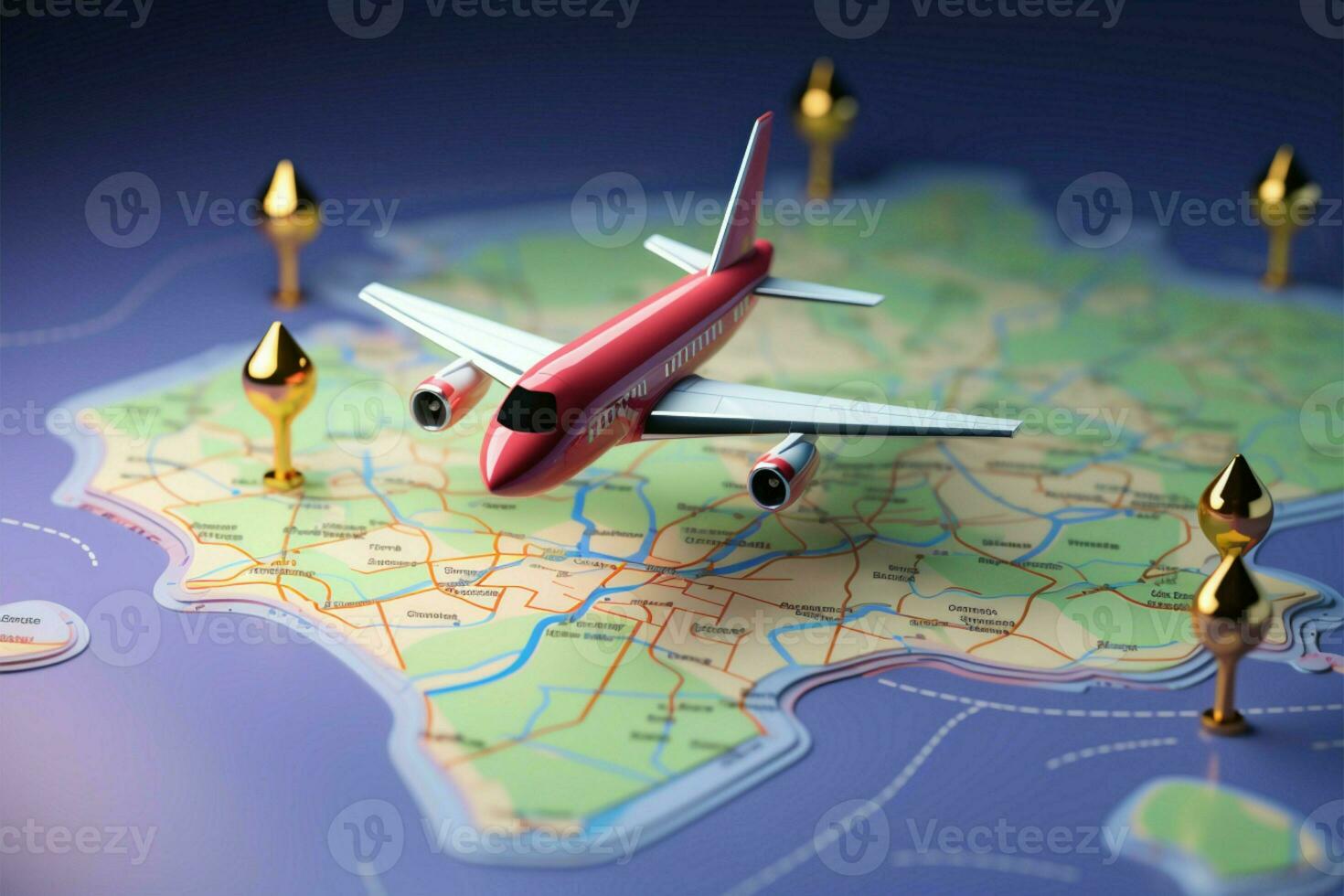 GPS innovation. Airplane pinned 3D world map icon aids navigation AI Generated photo