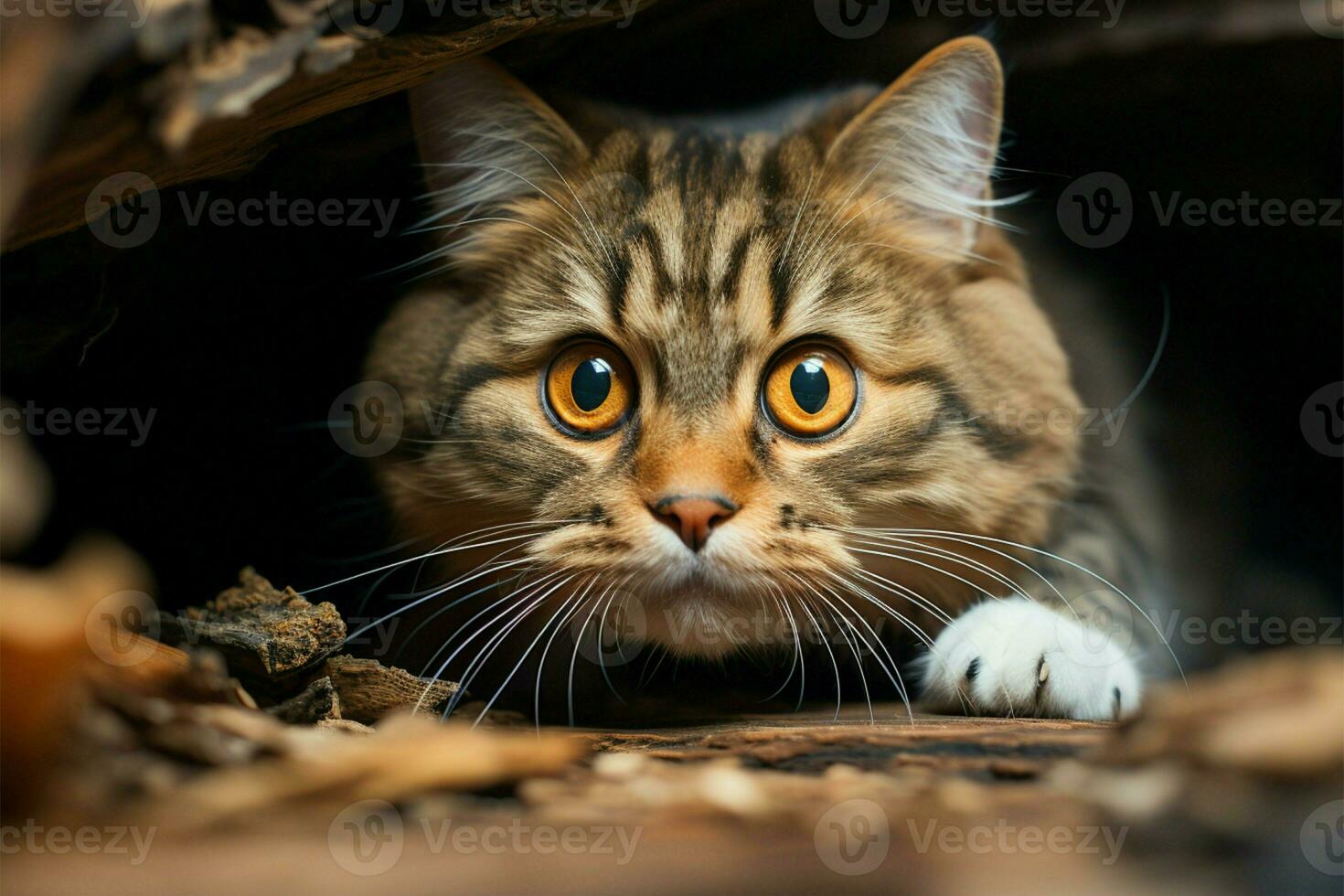 Panic stricken cat found hidden in closet Womans hand reveals its secret refuge AI Generated photo