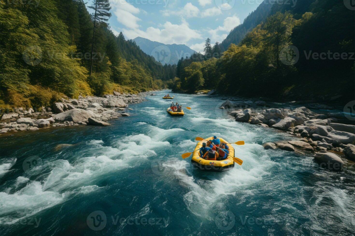 aéreo perspectiva canotaje aventuras en un animado montaña río Arroyo ai generado foto