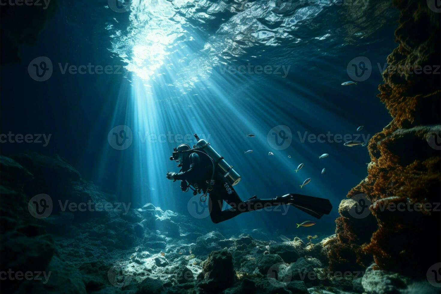 buzo explora oscuro submarino cueva, revelador un oculto subterráneo mundo ai generado foto