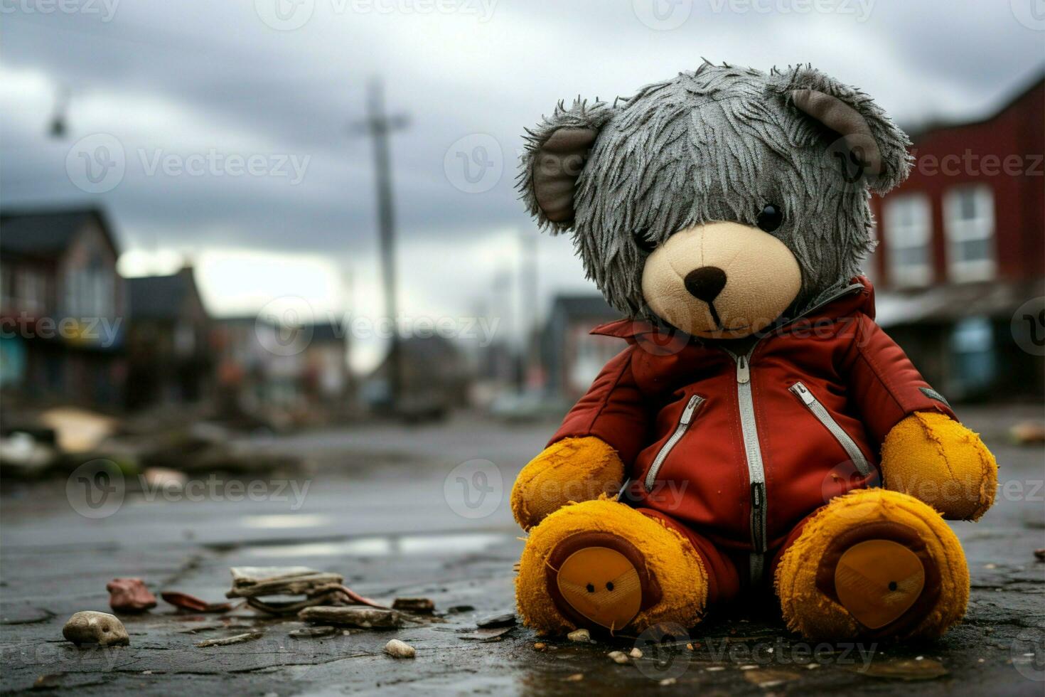 Weathered soft toy, once cherished, now quietly rests on pavement AI Generated photo