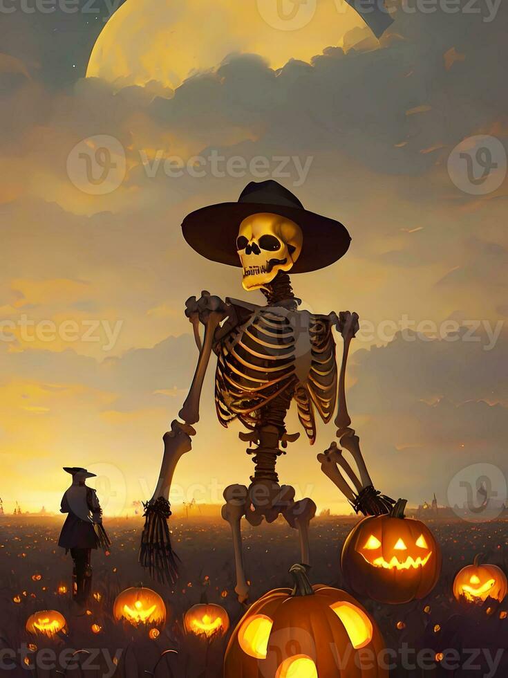 Halloween Skeleton With Cowboy Hat In Pumpkin Patch Night. Generative AI photo