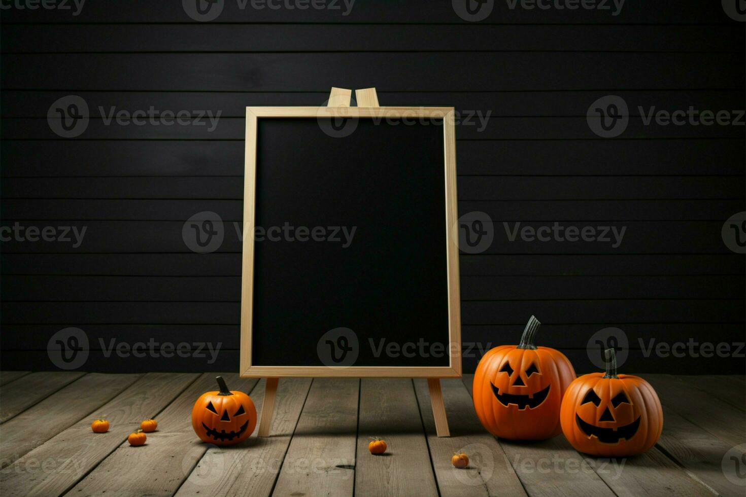 Chalkboard stand, Halloween pumpkins, wooden floor, on a dramatic black background AI Generated photo