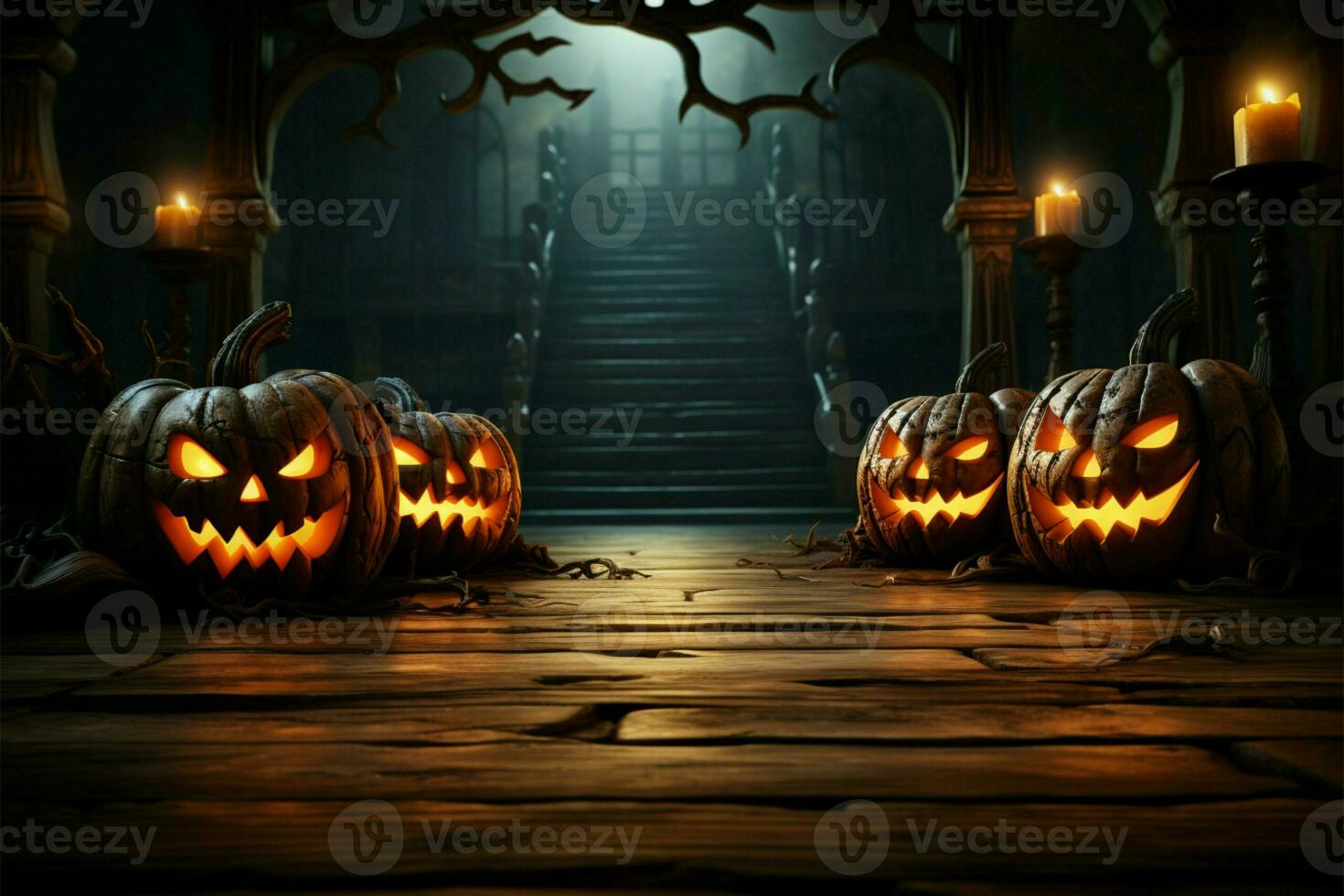 Carved pumpkins on a moonlit wooden floor   eerie elegance AI Generated photo