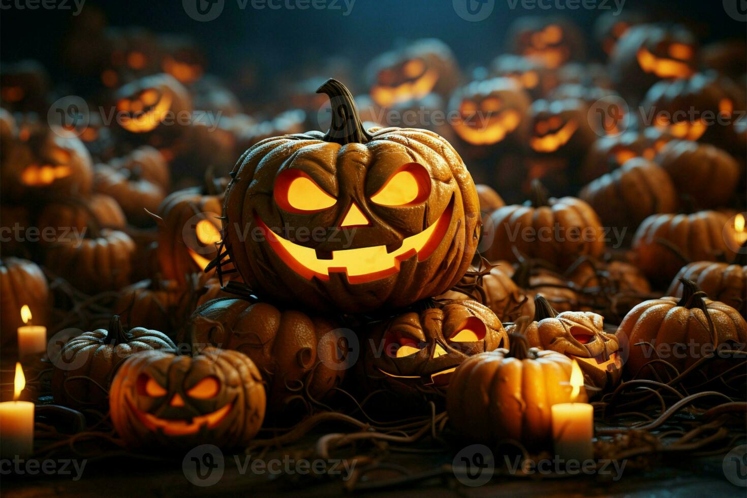 3D rendered pumpkins, bats, orange backdrop Dynamic Happy Halloween scene unfolds AI Generated photo