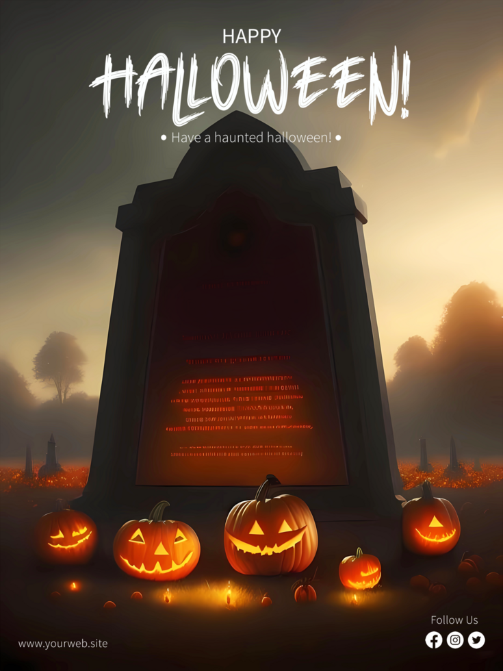 gelukkig halloween poster sjabloon spookachtig begraafplaats met halloween pompoenen nacht. generatief ai psd