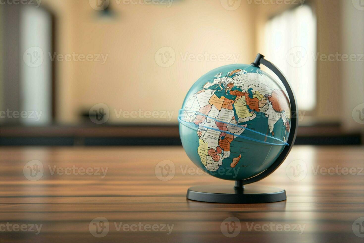 Conceptual globe dons a mask on wooden floor to halt COVID 19 AI Generated photo