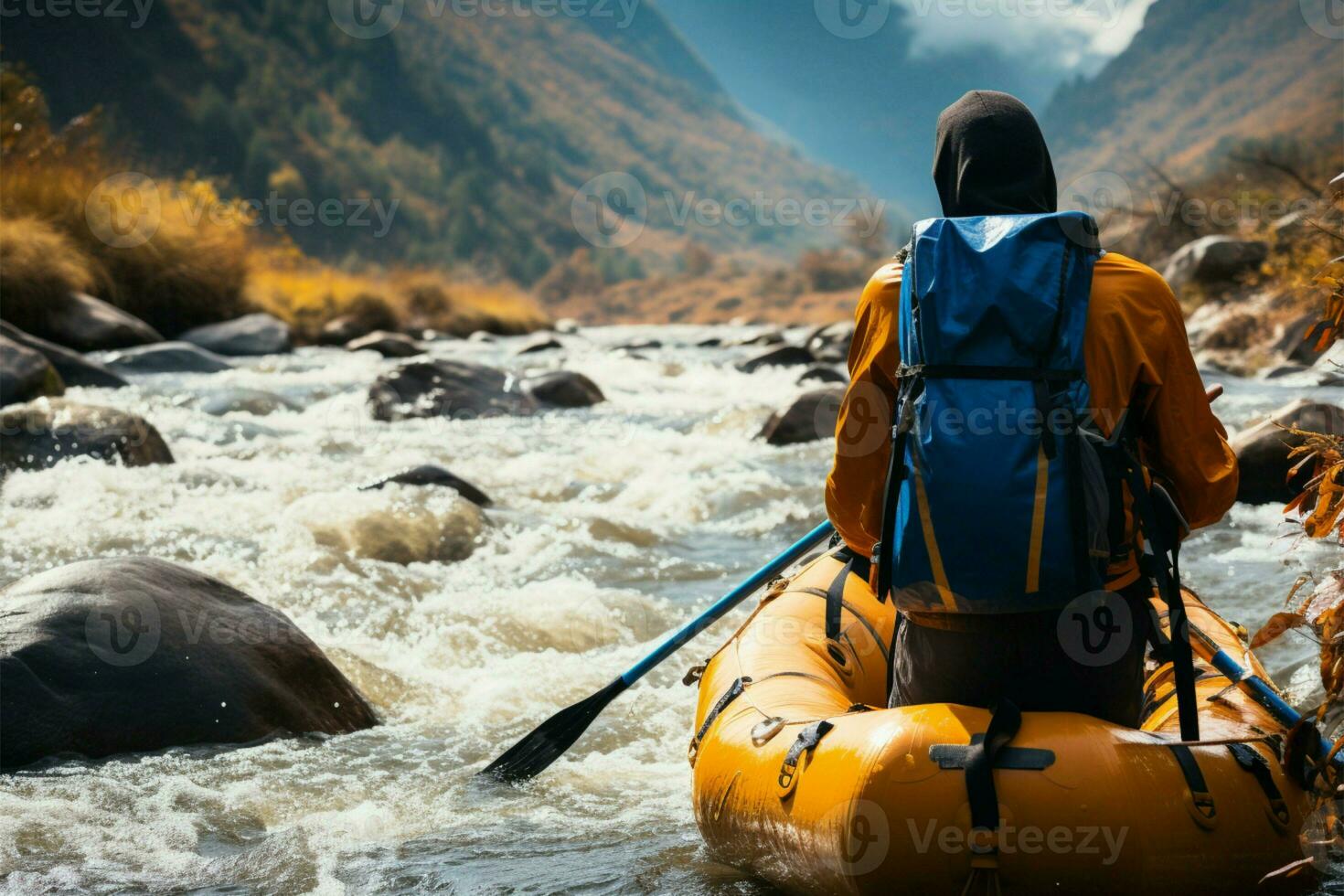 A wanderer with a yellow backpack embarks on mountainous adventures AI Generated photo