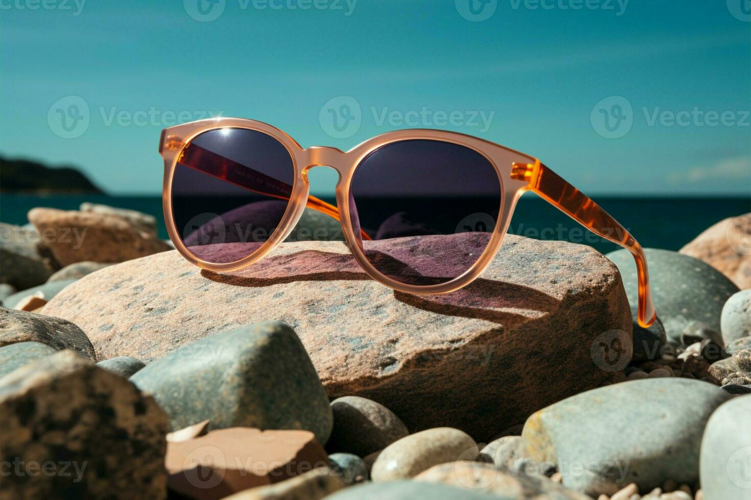 a pair of sunglasses sitting on top of a rock AI Generated photo
