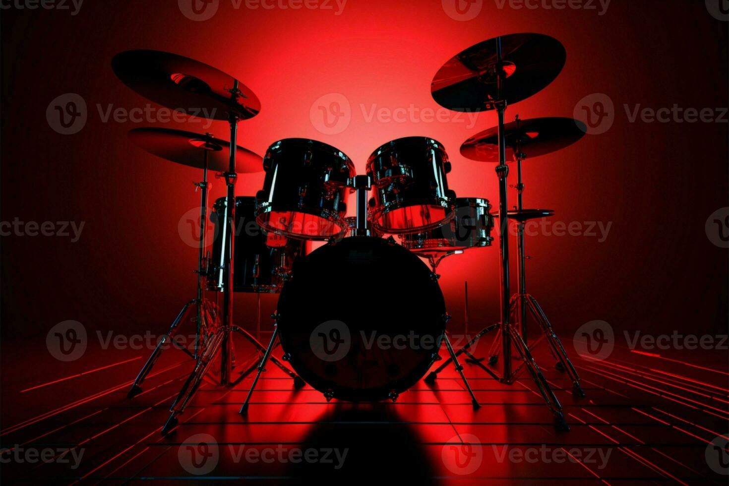 Dynamic, 3D rendered drum kit, red backlit, sets pro stage ambiance AI Generated photo