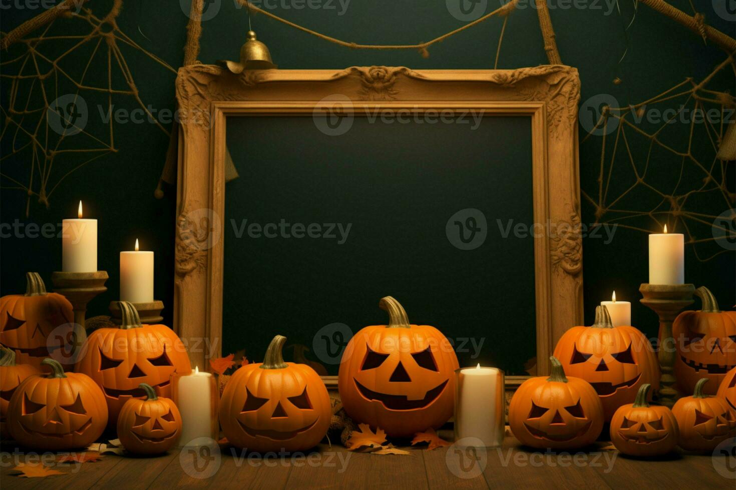 Halloween themed template framed with grainy texture, pumpkins displaying smiles and scares AI Generated photo