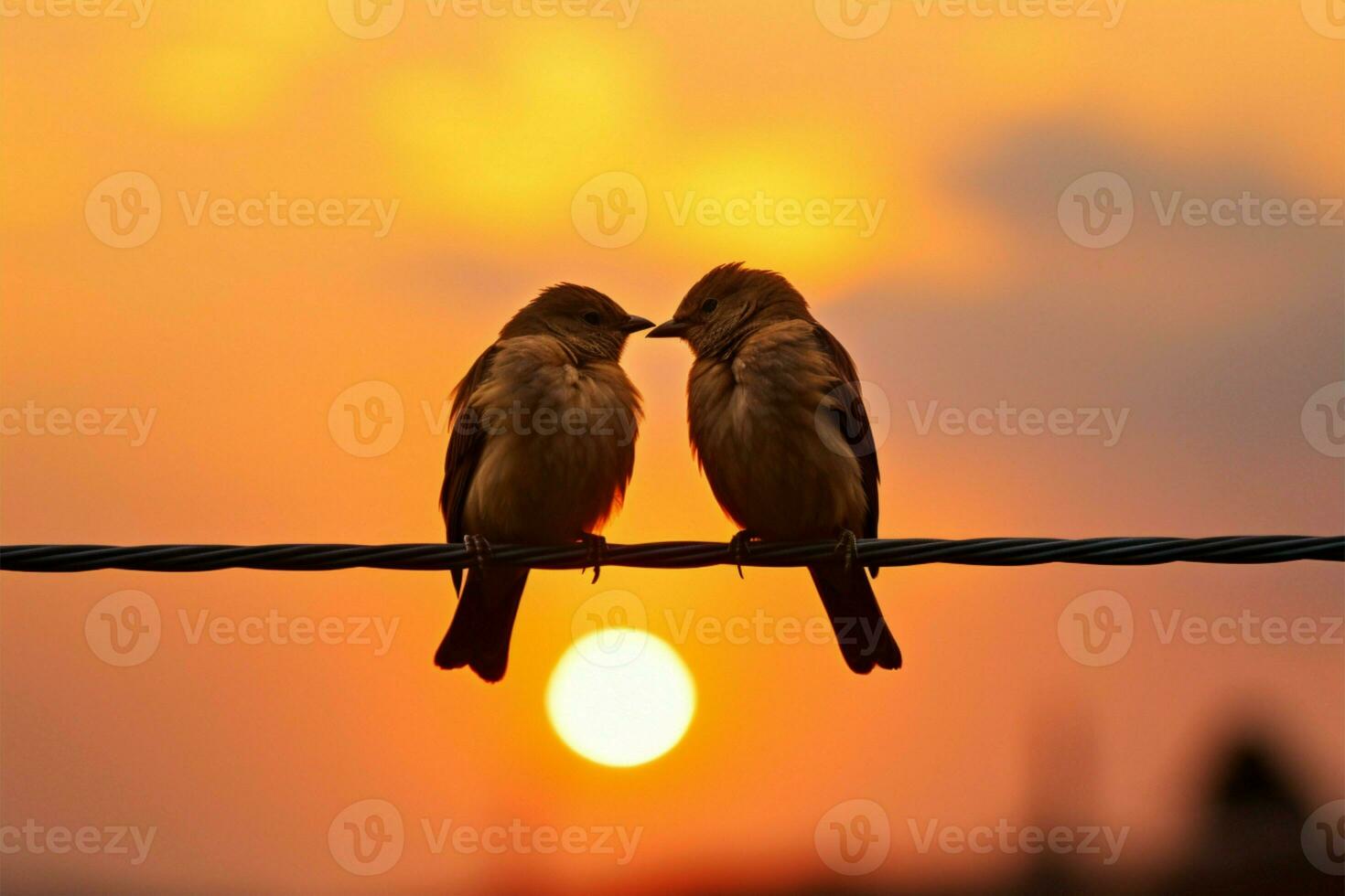 Silhouette of a loving bird couple perched on wires against a sunset backdrop AI Generated photo