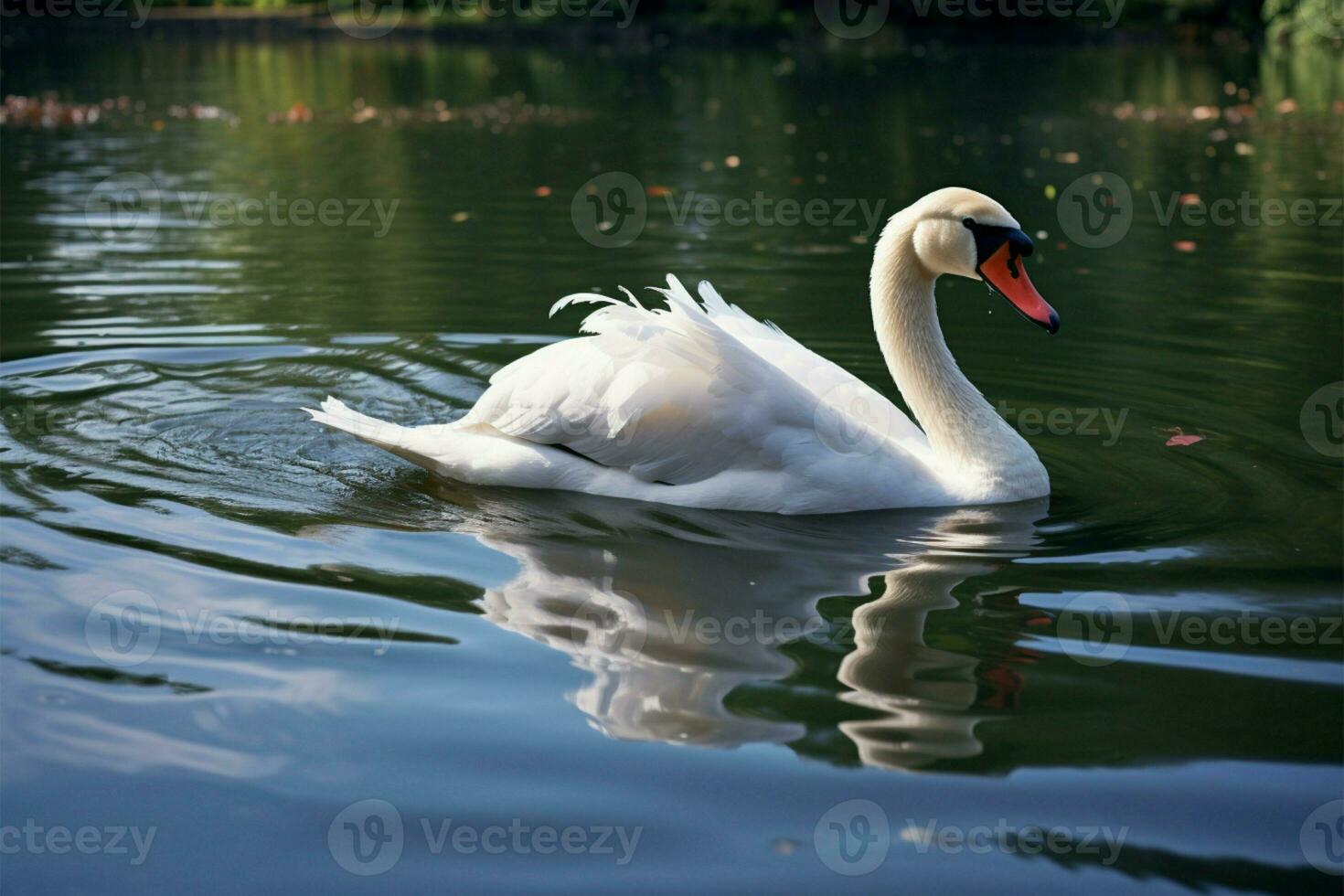A swan with a striking red beak peacefully swims in a pond AI Generated photo