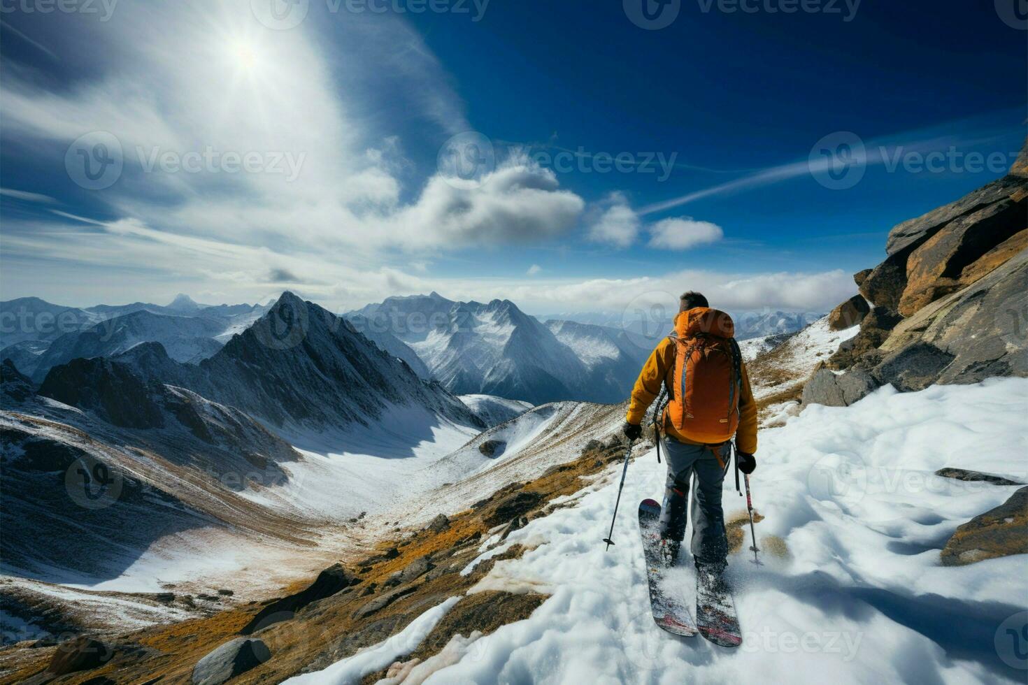 Backpacker pauses to savor the mountain vista before him AI Generated photo