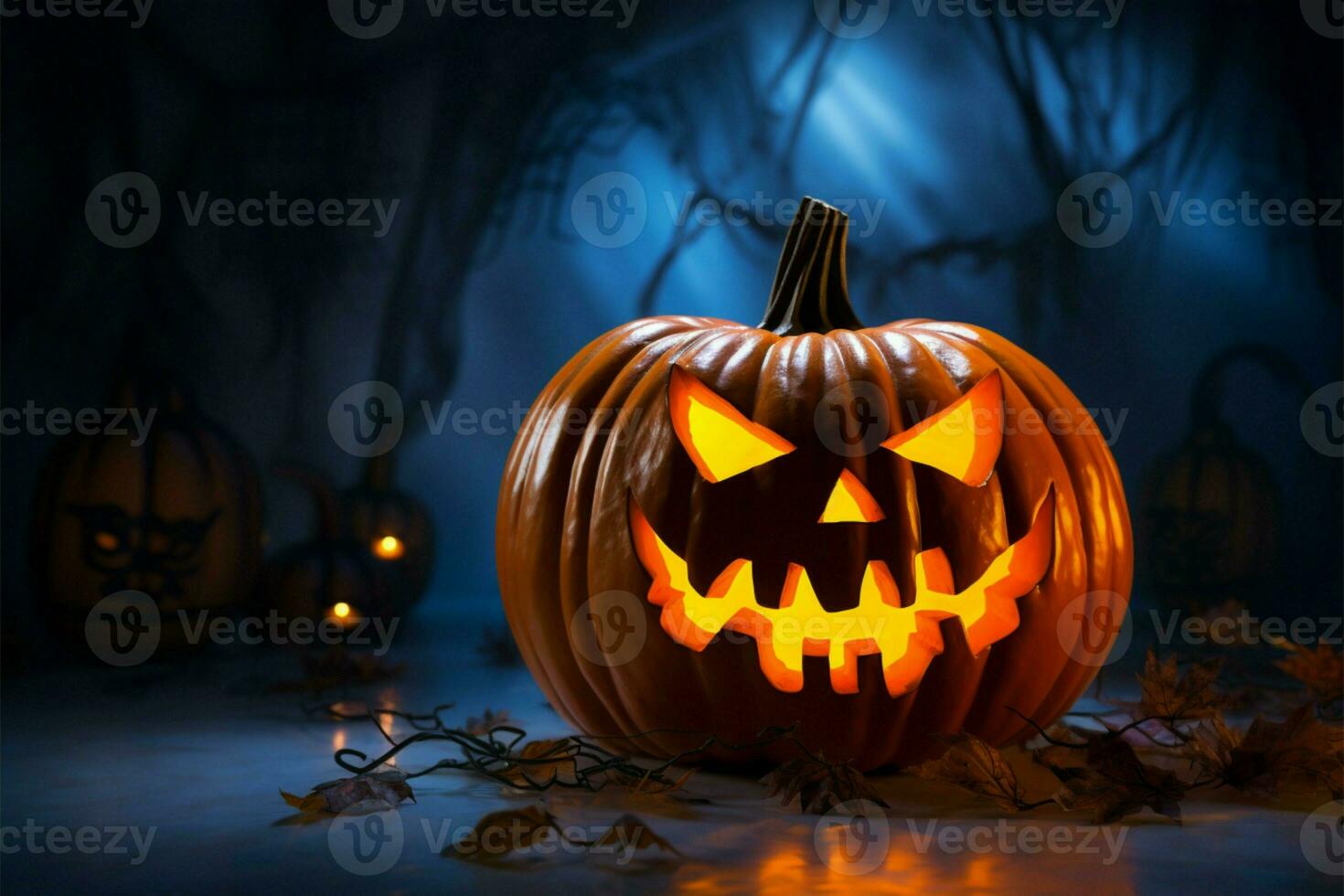 A spooky twist 3D pumpkin render in a Halloween holiday mock up AI Generated photo