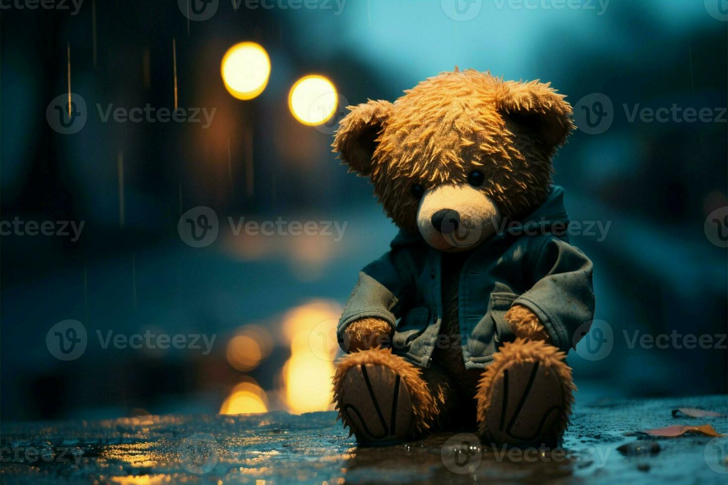 Tears mix with rain as a desolate teddy bear sits silently AI Generated photo