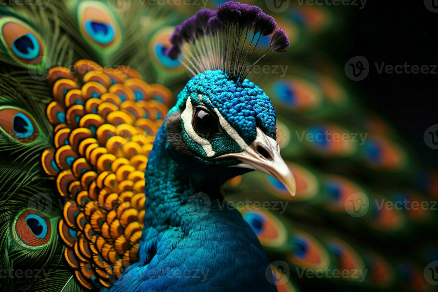 Close up of a brilliantly colorful peacocks mesmerizing facial features AI Generated photo