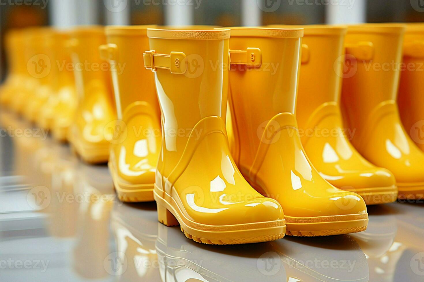 Functional style, Array of yellow rain boots highlighted on a white isolated background AI Generated photo