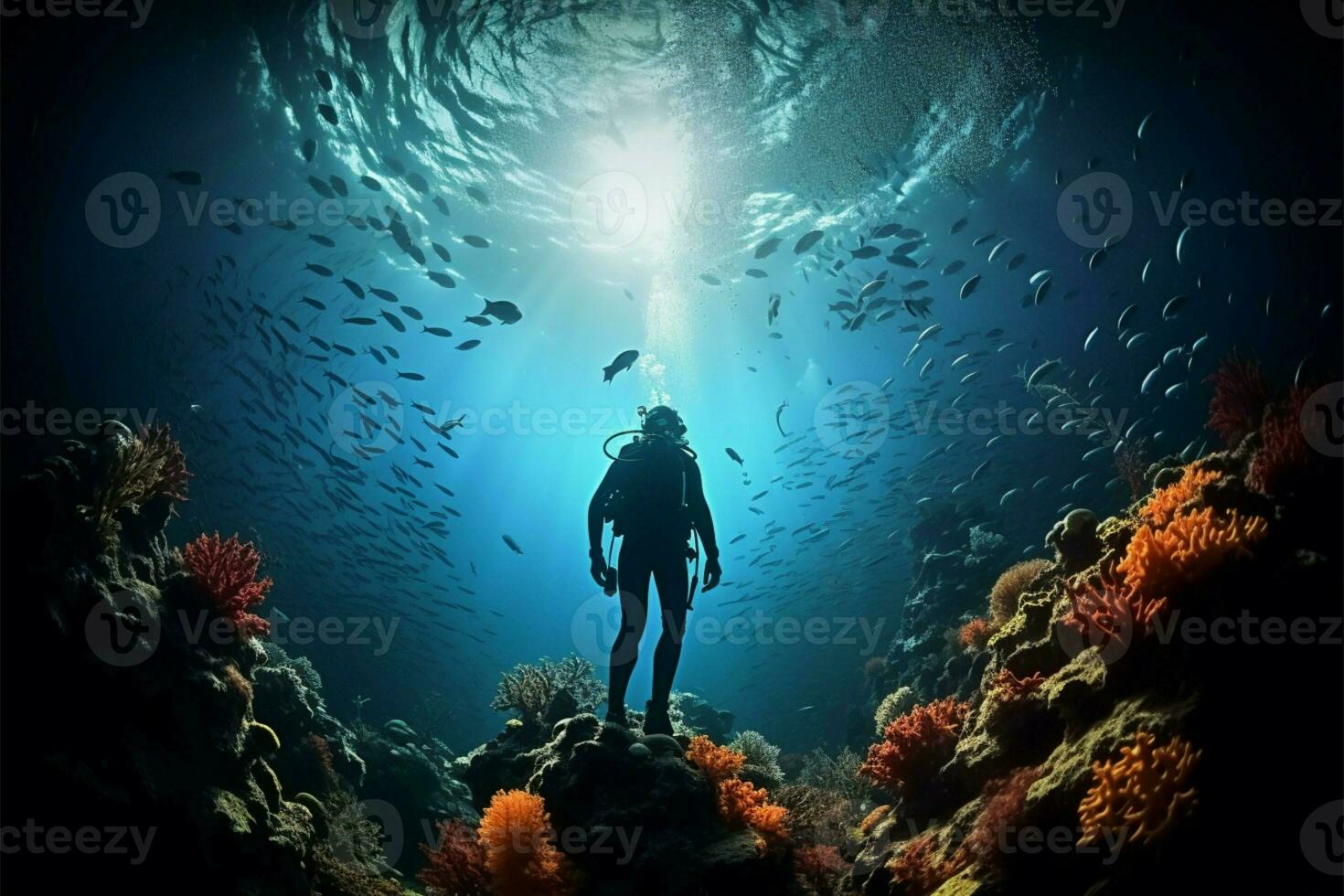 An underwater illustration reveals a diver exploring vibrant coral reefs AI Generated photo