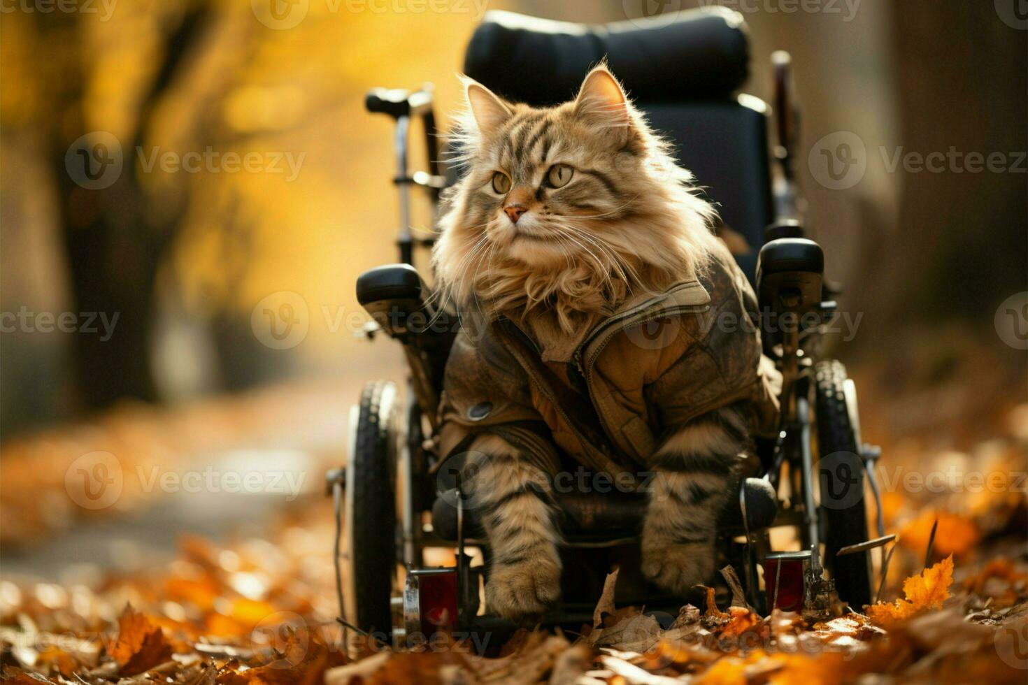 Cat in wheelchair enjoys park stroll, an inspiring symbol of tenacity and joy AI Generated photo