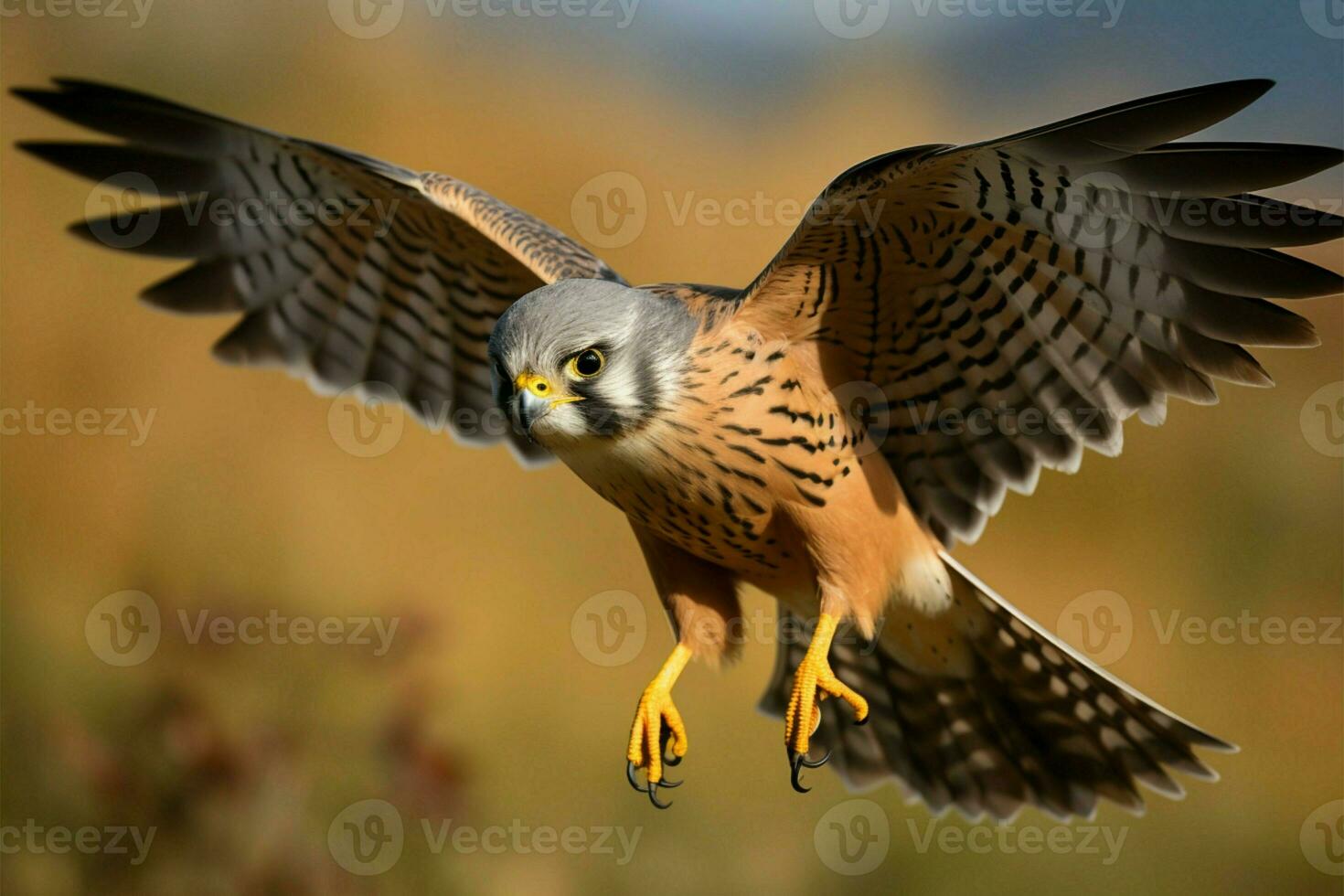Scenic view of a male kestrel in flight against a blurred backdrop AI Generated photo