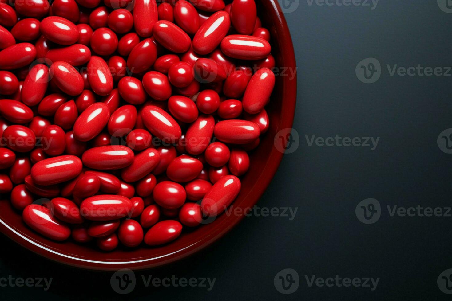 Vivid pills on red canvas, room for text Intriguing pattern, pill recognition emphasized AI Generated photo