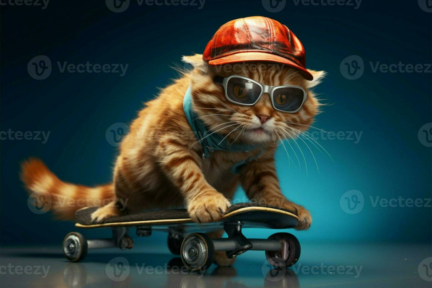 Cool cat on skateboard pops against blue background, oozing funk AI Generated photo