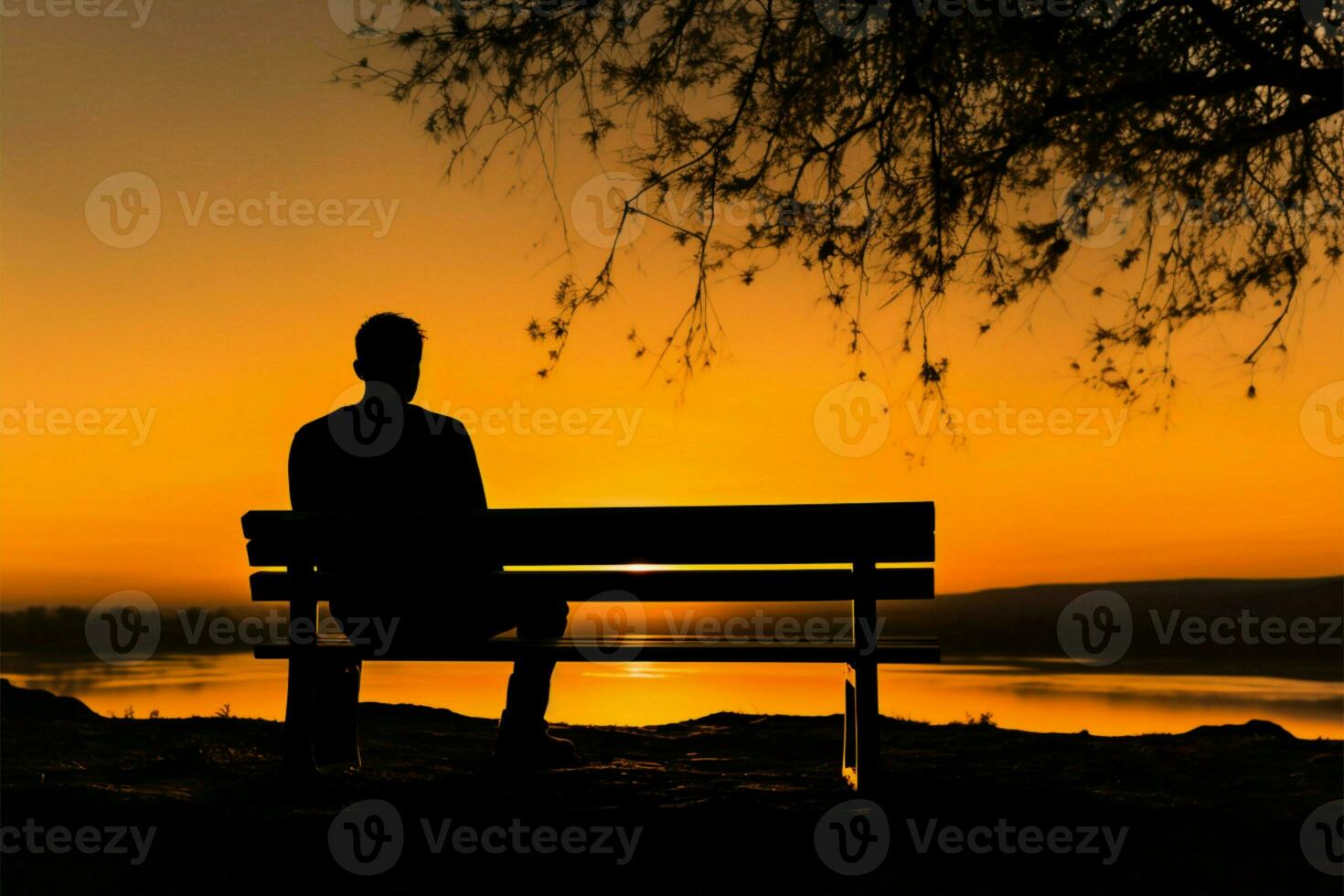 Peaceful solitude, Silhouette of man on bench embraces tranquil sunset AI Generated photo